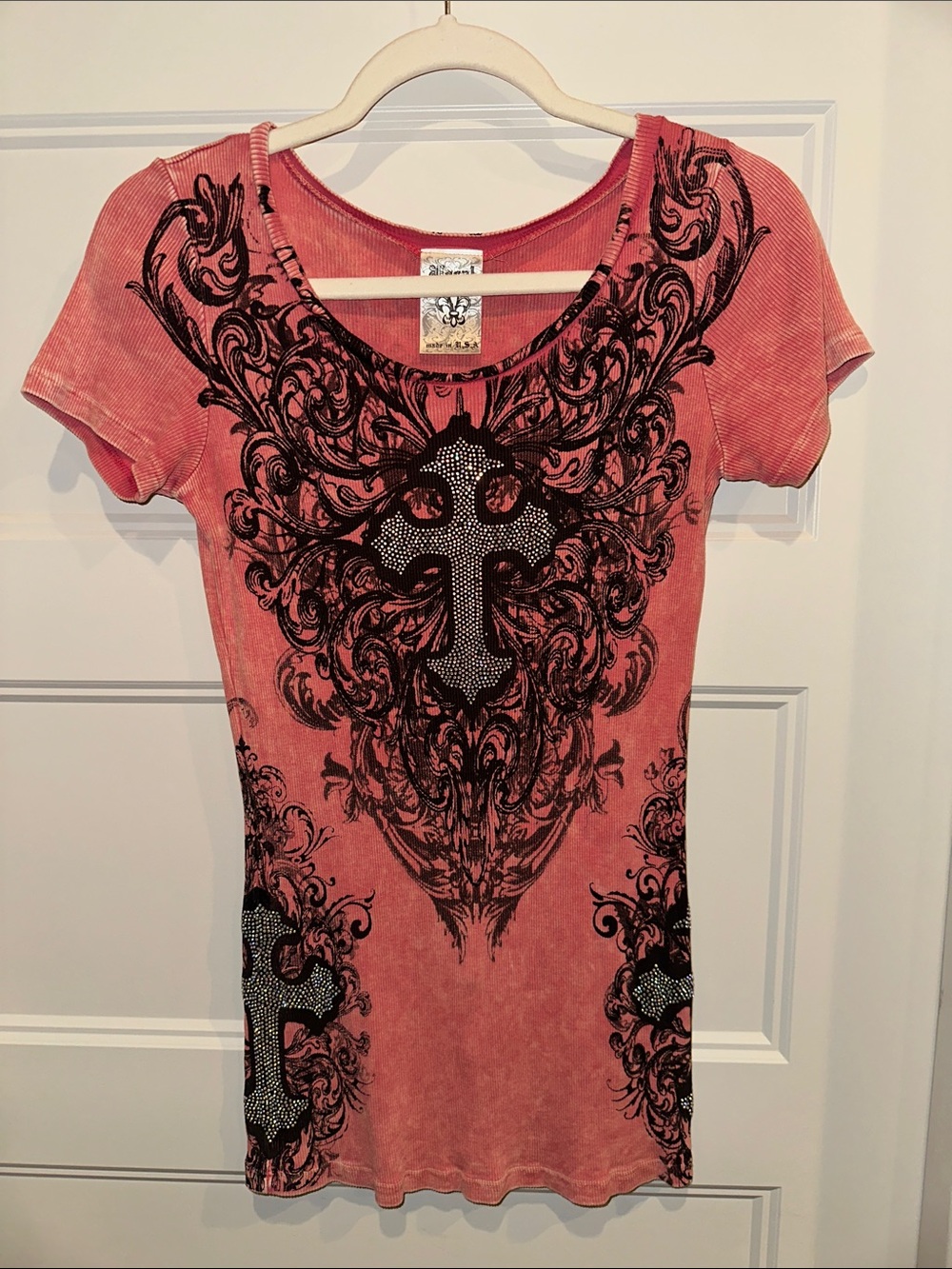 Vocal Coral Top with Black Ornate Cross Design